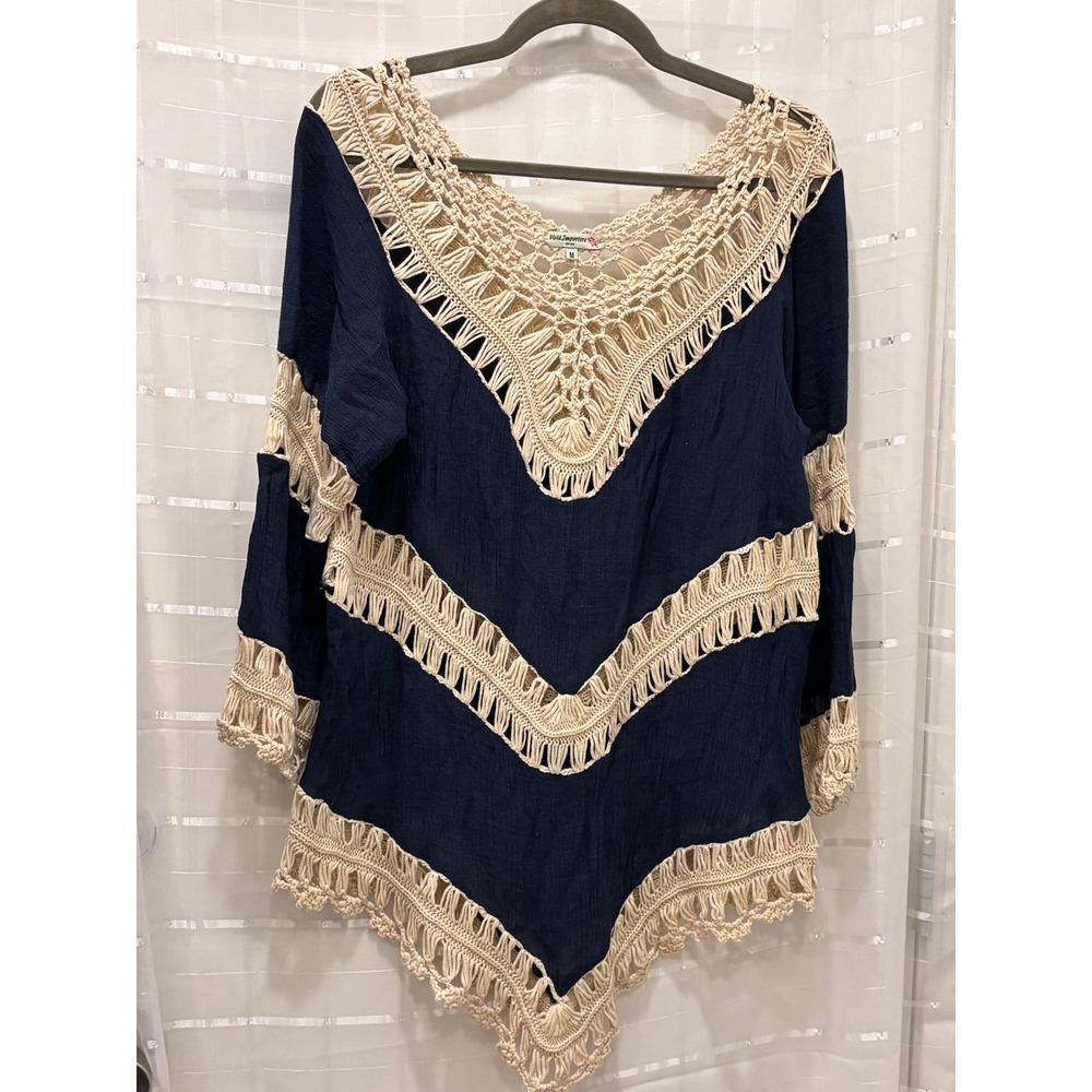 Vivid Importers NY Navy Blue Crochet Boho Tunic Top Fringed Hem Medium 6726P